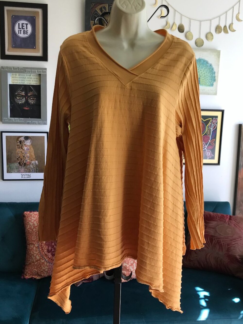 FENINI size M Golden Butterscotch Textured Artsy Flared A-Line Tunic Lagenlook